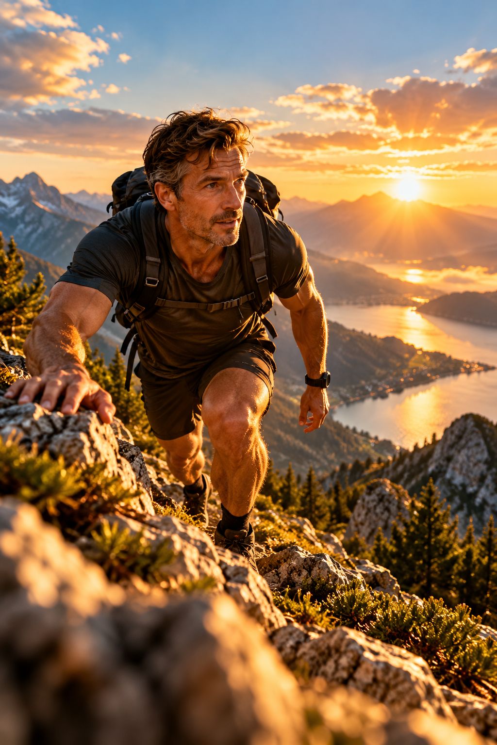 A man climbing a rocky mountain ridge at sunrise