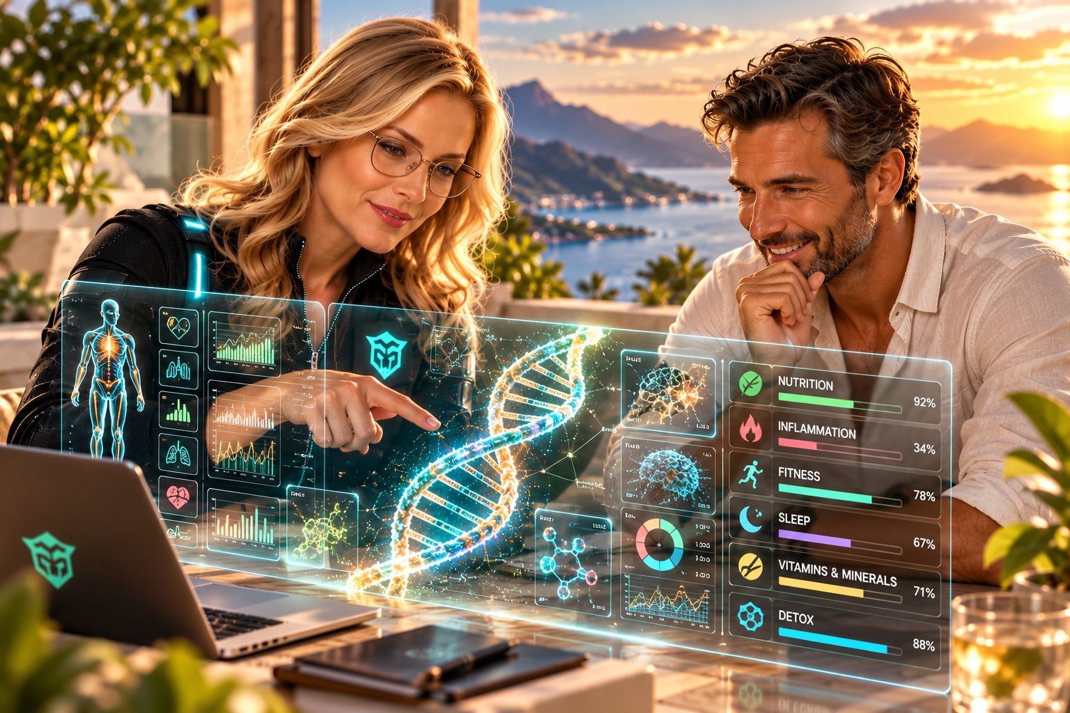 Two people looking at a glowing DNA strand and health charts on a transparent display